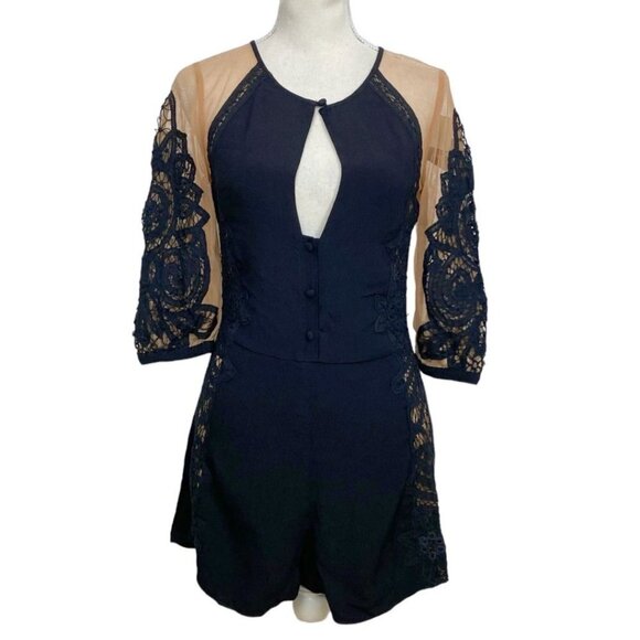 NWT FOR LOVE & LEMONS VALENTINA BLACK EMBROIDERED NUDE SHEER MESH ROMPER - S - Picture 3 of 13